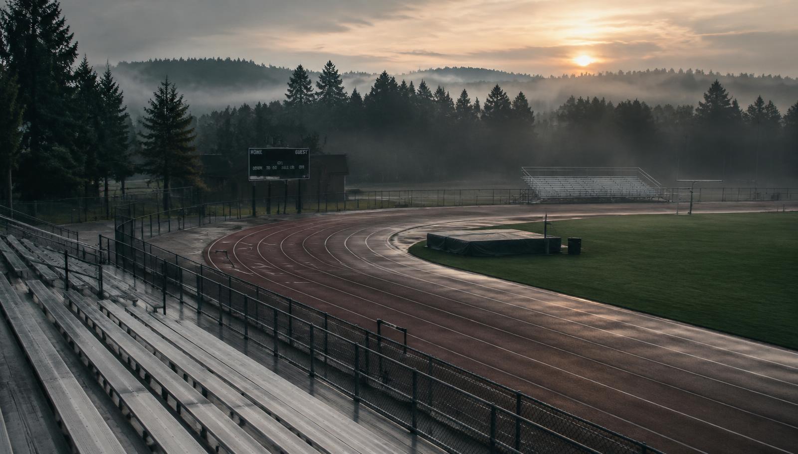 An empty school track at sunrise