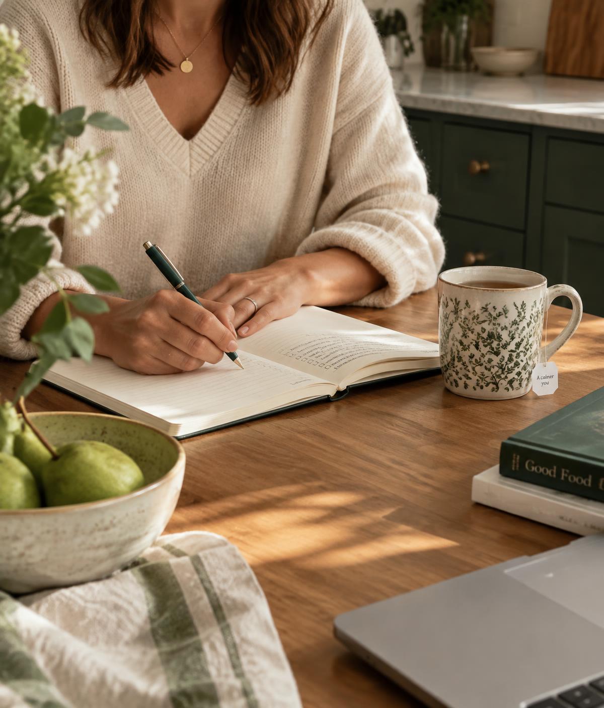 Writing session notes at a kitchen table