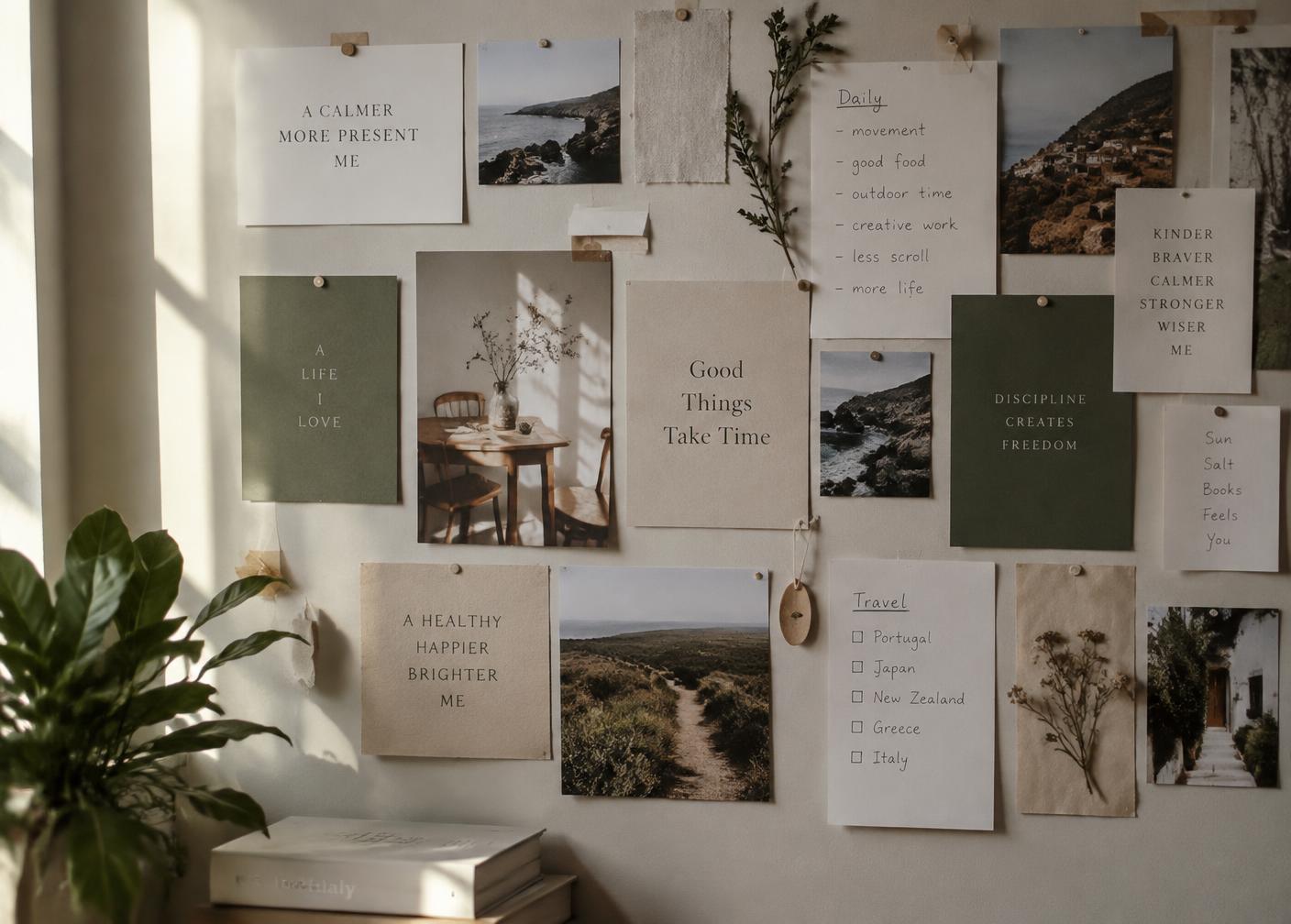 A handmade board of goals, notes, and photographs